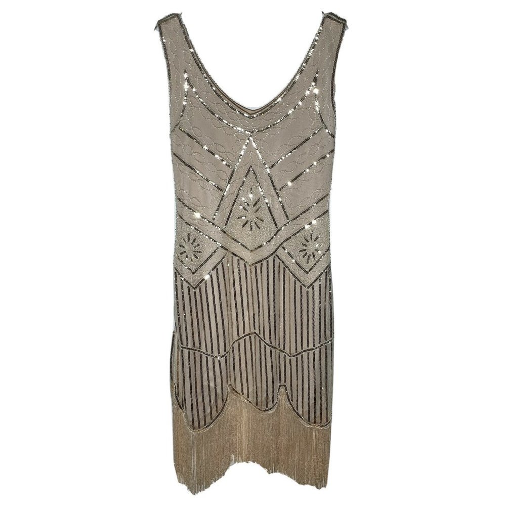 Womens Flapper Dress M Sequin Beige Beaded Sleeveless Back Zip Bottom Fringe
